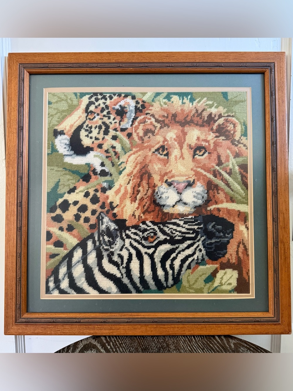 Framed Vintage Needlepoint Safari Trio - Lion, Zebra & Leopard